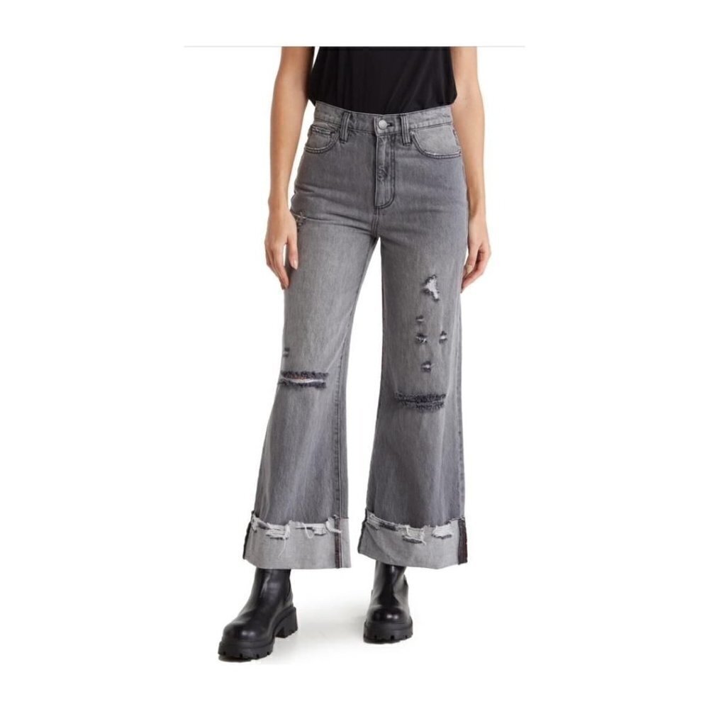 Alice & Olivia Womens Gray High Rise Wide Leg Boyfriend Raw Hem Jeans Sz 29 New